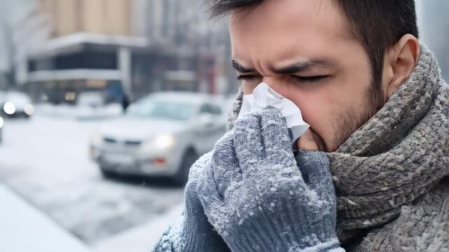 Winter clad man blowing nose with tissue, standing on snowy urban street, passing cars blurring background during cold season health challenge