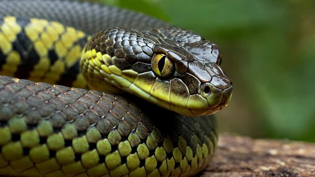 Close-up of a snake coiled on a branch. Reptile wildlife and nature concept clip. Macro video view of snake head and scales. Venomous animal in natural habitat.
