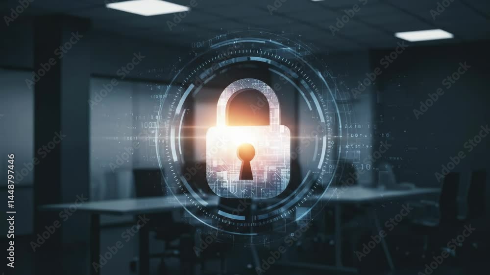 Poster lock symbol over empty office for cyber security concept