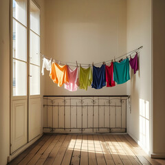 A small apartment flat with a cozy balcony, colorful laundry hanging outside.