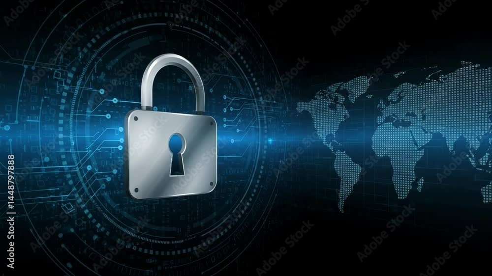 Poster digital security protecting world data with padlock and map