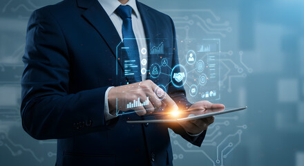 Businessman using tablet for digital business analysis and financial data management online strategy