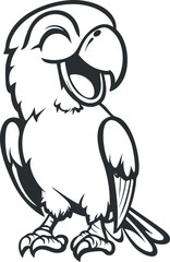 Black and white cartoon illustration of a happy parrot standing and smiling with wings and tail visible