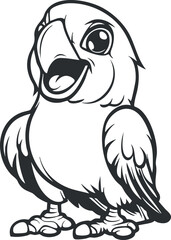 Black and white cartoon illustration of a cute happy parrot with open beak and big eyes
