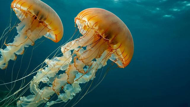 Two orange jellyfish swim underwater in the ocean. Marine life of the sea with tentacles, jellyfish moving slowly in blue water for science and biology concept video clip.
