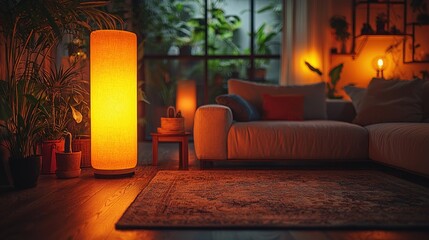Fototapeta premium Cozy Living Room with Warm Lighting and Indoor Plants at Evening