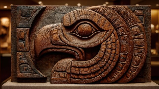 Tlingit clan crest of Raven carved in polished cedar on neutral fabric backdrop