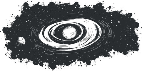 Abstract black and white artistic drawing of a planetary system with swirling orbits and celestial bodies © vadymstock