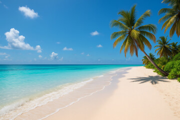 Fototapeta premium Turquoise water meets white sand beach under a sunny sky. Palm trees add to the beauty of this idyllic tropical coastal landscape.
