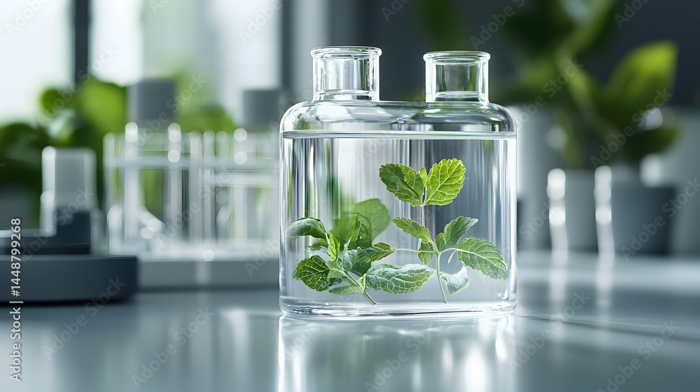 Poster a transparent lab flask with fresh plants inside creates a futuristic and naturalistic scene. use fo