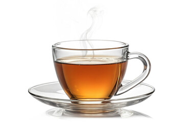 Glass cup of hot tea on saucer, A transparent glass cup filled with hot tea, placed on a matching glass saucer, isolated on a transparent background - generated by ai