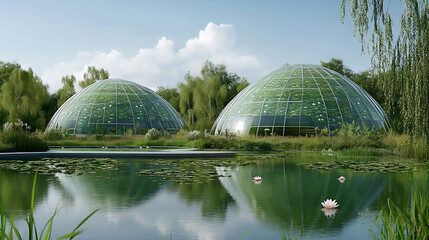 Fototapeta premium Modern greenhouses and lush pond scene