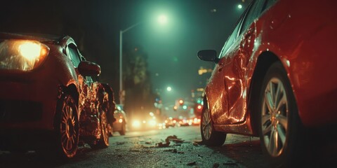 Severe Crash: Two Mangled Red Cars at Night