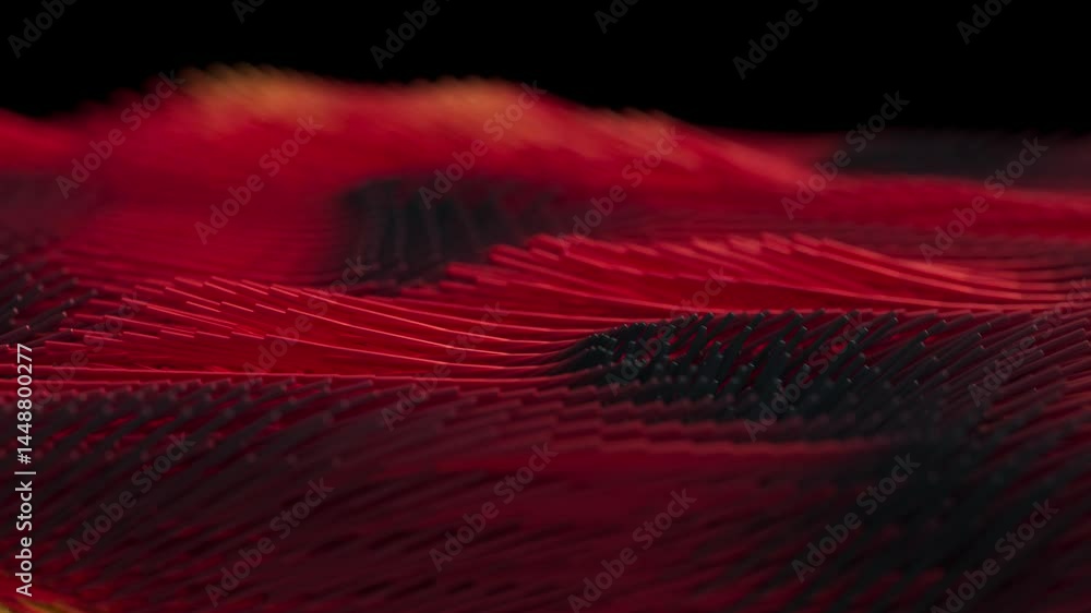 Poster vivid 3d animation with red and yellow waves in motion, creating an energetic abstract background.