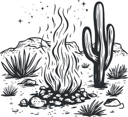 Black and white illustration of a campfire burning in a desert landscape with cactus and mountains