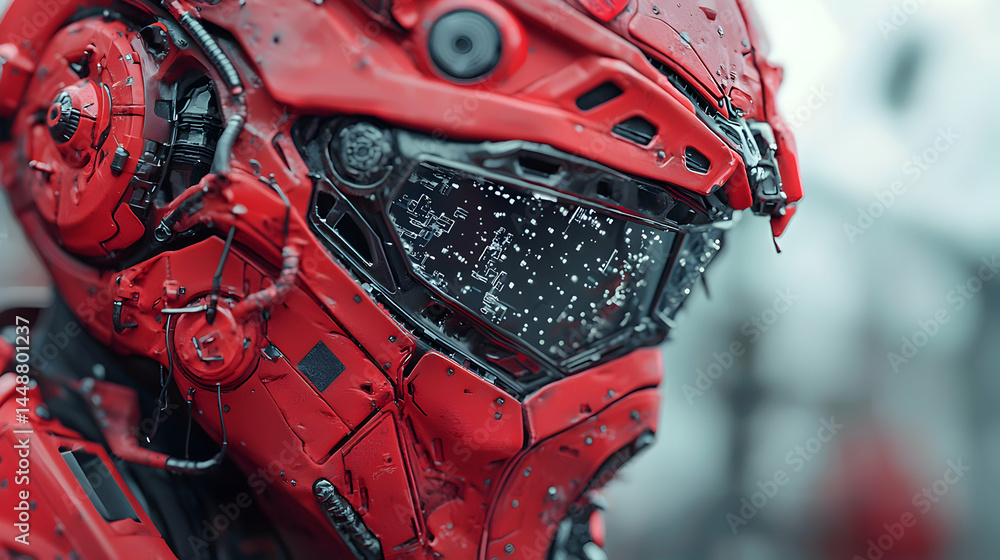 Poster detailed image of a red robotic head featuring a futuristic visor. ideal for sci-fi game assets or c