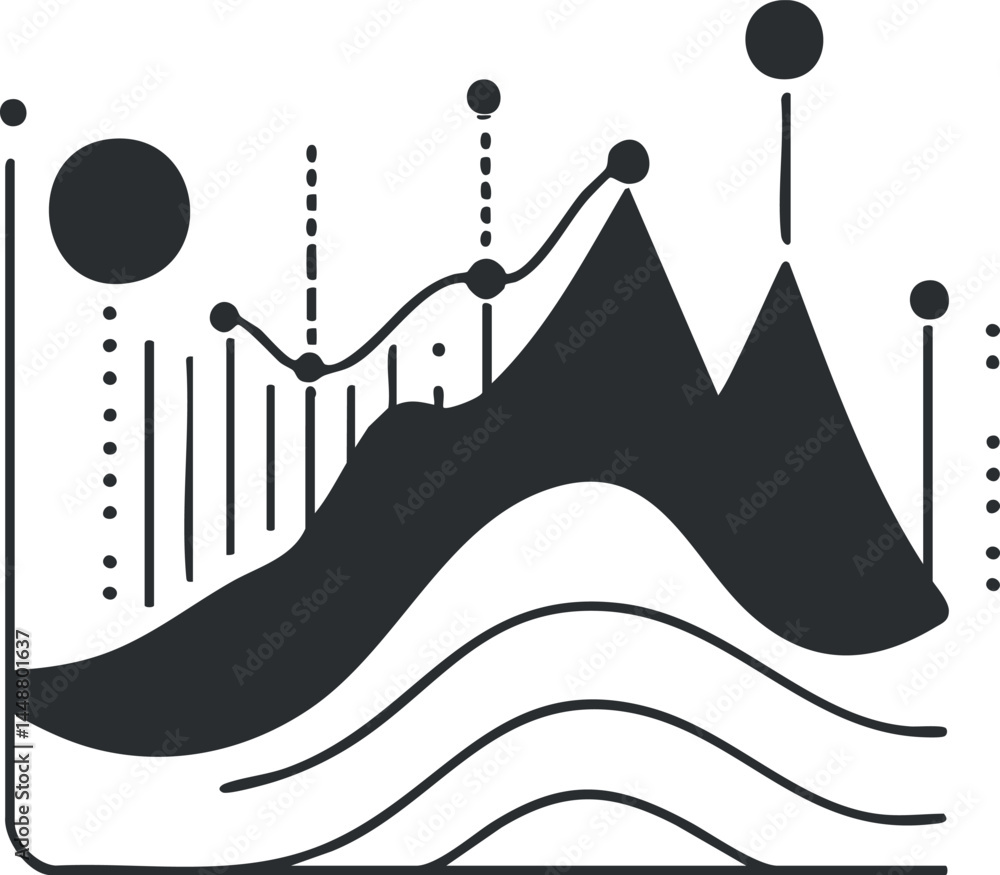 Poster abstract black and white graph illustration showing data trends with mountain peaks and line points