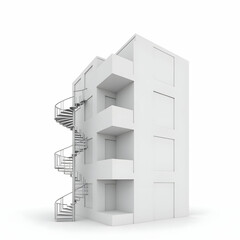 A three-storey modern townhouse with a visible side spiral staircase, large windows.