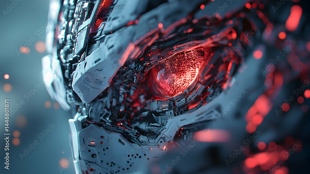 Poster a close-up of a robotic face with a glowing red eye. could be used in sci-fi art graphic design or a