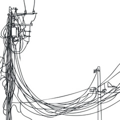 Tangled electrical wires and utility poles with overhead power lines against a clear sky background