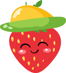  Smiling Strawberry with Mango Hat &ndash; Flat Naive Style SVG Fruit Character in Red, Yellow, and Green for Fun Food Ads, Summer Branding, and Healthy Kids Products