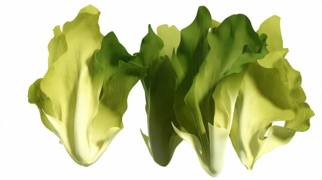 Arrangement of three vibrant green and light green endive lettuce heads against a stark white background.