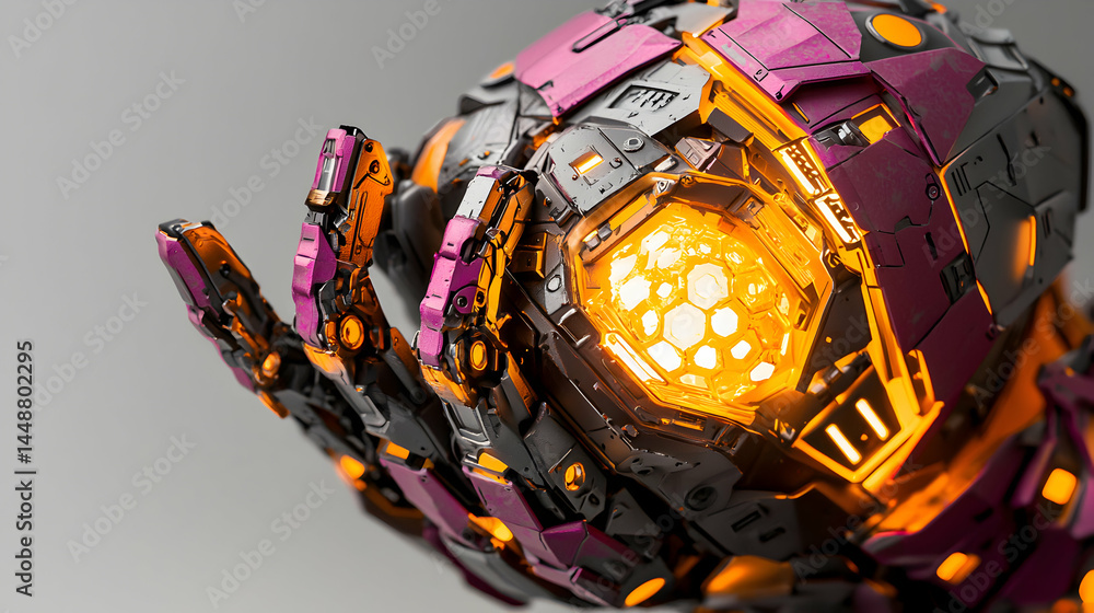 Poster a detailed mechanical hand glows intensely. it appears to be part of a larger robotic construct perh