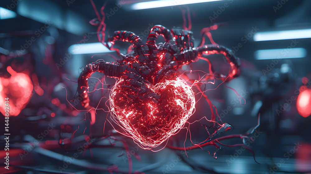 Poster an abstract futuristic heart glowing red. it could represent digital concepts emotions or artificial