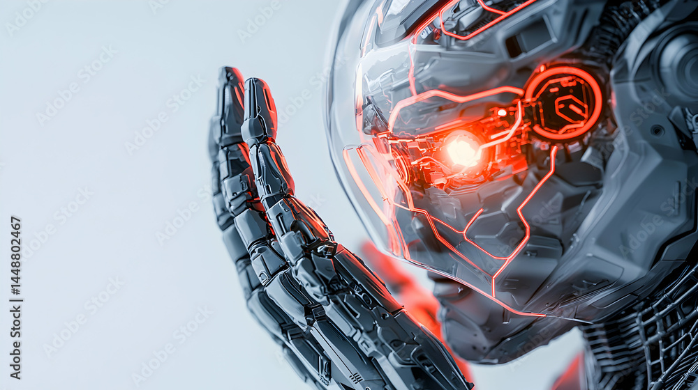 Poster cybernetic robot with glowing red accents. ideal for science fiction concepts advertising futuristic