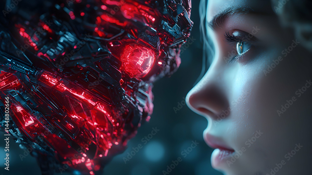 Poster a woman confronts a glowing robotic entity. suggests themes of sci-fi technology and human connectio