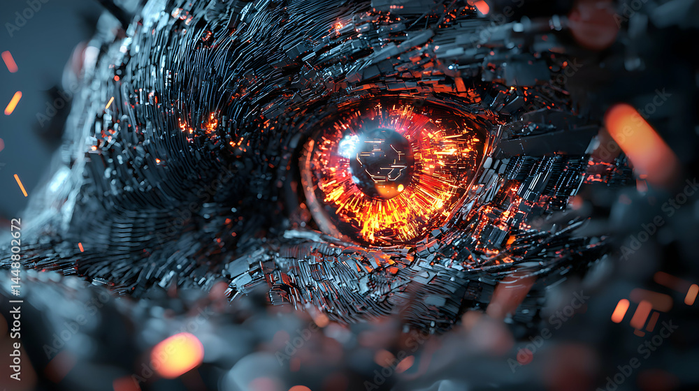 Poster an eye of technology glows red. it suggests cyberpunk themes or futuristic designs. it suits video g