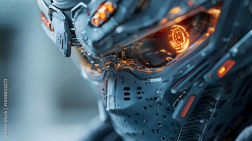Poster detailed close-up of a futuristic robot face. ideal for tech-themed artwork science fiction projects