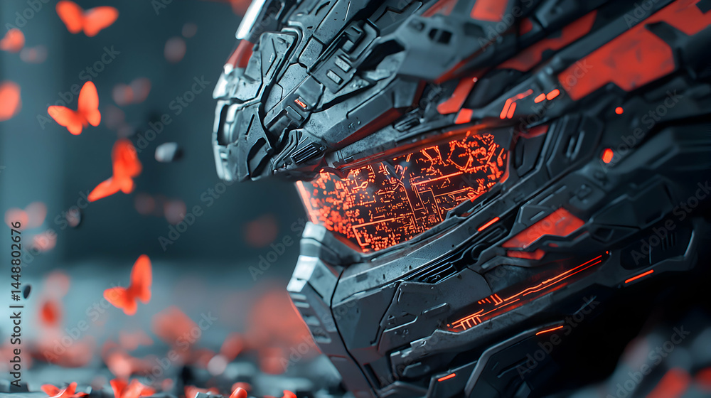 Poster cyberpunk aesthetic image showcasing a mechanical head with glowing circuits and butterfly-like elem