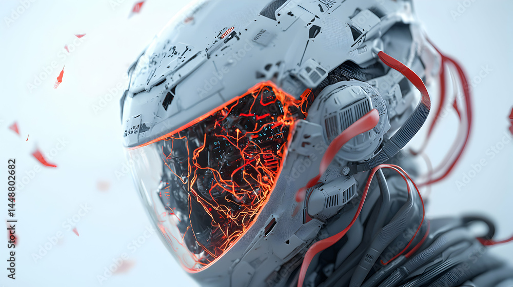 Poster futuristic helmet design with intricate internal circuitry glowing red. possible concept art for sci