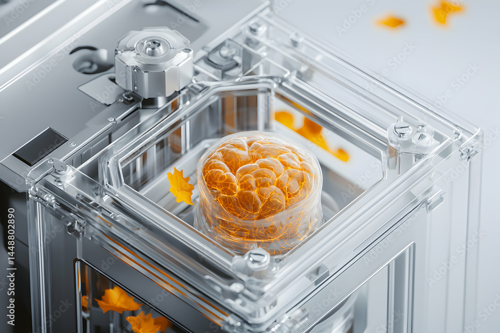 Poster a futuristic machine with a brain-like object inside showcasing advanced technology and potential me