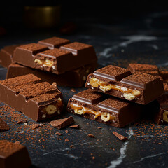 Barras de chocolate com recheio de caramelo e amendoim sobre fundo escuro