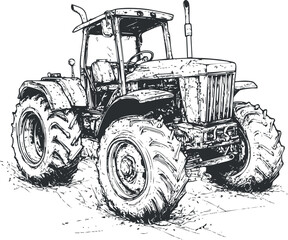 Black and white sketch of a farm tractor with large tires and cabin, used for agricultural work