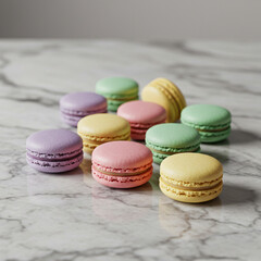 Macarons coloridos em tons pastéis sobre superfície de mármore