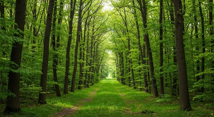 Obraz premium Luminous Green Forest Path: A Serene Nature Scene