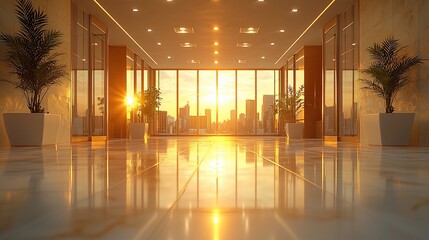 Fototapeta premium Sunrise city view from modern office lobby