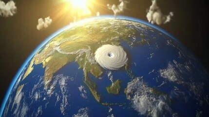 A blue and white planet with a storm on it. The storm is in the middle of the planet and is surrounded by clouds