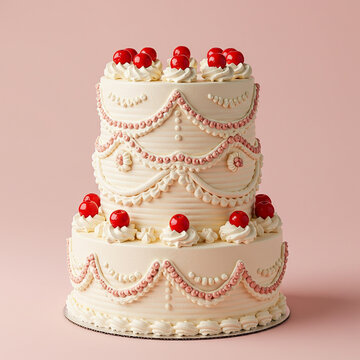 Bolo decorado de dois andares com chantilly e cerejas