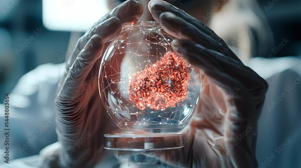 Poster a scientist holds a sphere with a red cellular structure. it could represent medical research cellul