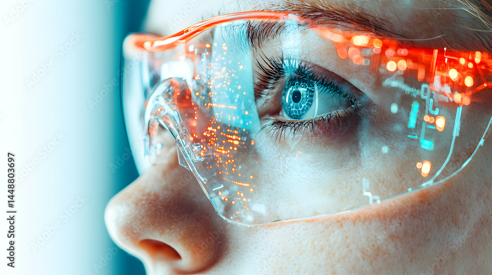 Poster close up shot of eye with futuristic glasses showing data. this image can be used for science fictio
