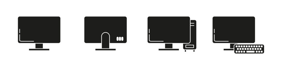 Set of solid black icons showing monitors, desktop computers, and keyboards, ideal for tech, hardware, and office-related visuals.
