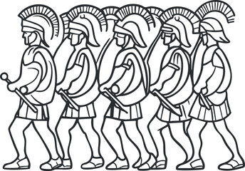 Line drawing of five Roman soldiers in ancient armor marching in formation with helmets and weapons