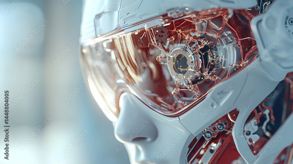 Poster close-up of a futuristic robot face with intricate internal mechanics. ideal for science fiction ill