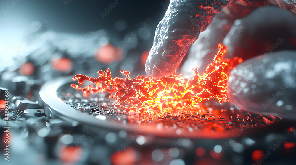 Poster a microscopic view of a biological process. it shows fiery glowing organisms interacting with a larg
