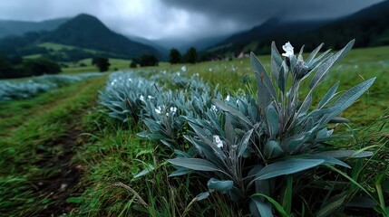 Fototapeta premium Close-up view of vibrant sage plants thriving in a lush field under cloudy skies