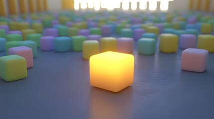 Fototapeta premium Glowing Cube Among Pastel Cubes Abstract 3D Render